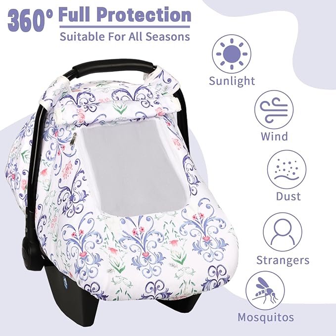 Car Seat Cover Baby, Infant Car Seat Covers Canopy for Baby Girl Boy, Cozy & Windproof Newborn Carseat Covers Minky Dot Backing Stroller Cover with Breathable Mesh Window, Blue Floral