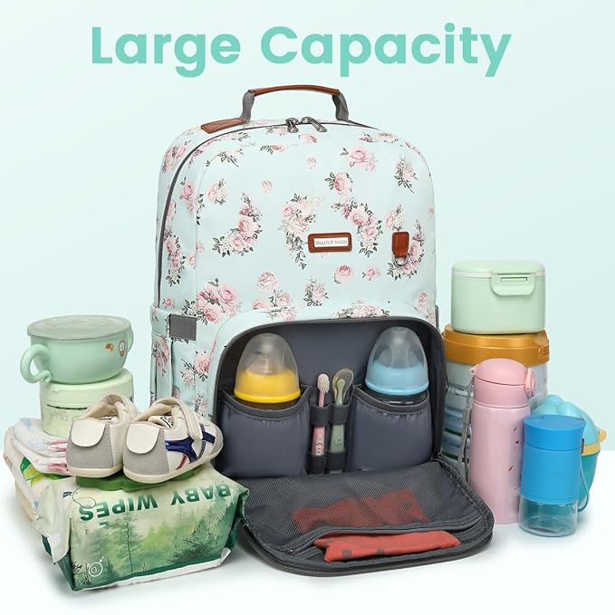 BILLITON MASHI Diaper Bag Backpack, Large Baby Nappy Bags with Portable Changing Pad for Boys and GirlsMultifunction Travel Baby Bag for Moms Dads, Shower Gifts Waterproof and Stylish，Flower Green