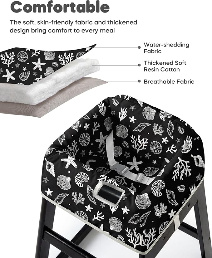 Mamatepe Reusable Baby High Chair Cover with Strap Pads & 2-Point Harness, Waterproof Portable Seat Cover for Restaurant Travel Home, Black