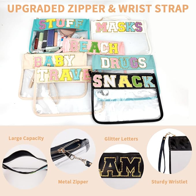 Iqimott Chenille Letter Bag Clear Flat Pouch, Monogram Glitter Letter Patch Makeup Cosmetic Bag Zipper Toiletry Pouch, Portable Travel Beach Snack Wristlet Bag for Women Girls(Black)