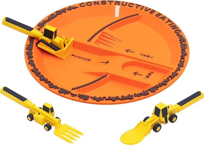 Constructive Eating Plate and Utensils Set - USA-Made Toddler Dinnerware with Divided Plates (Construction)