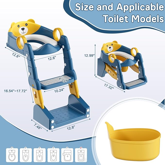 Potty Training Seat, 2-in-1 Toddler Toilet Training Seat & Potty Chair for Kids Boys Girls, Height Adjustable Toilet Seat with Splash Guard, Stable Wide Base Design, Anti-Slip Steps Stool