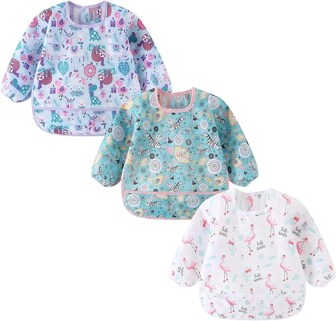 ElecMotive 3 Pack Long Sleeve Bib,Baby Smock for Eating 6-30 Months Reusable Shirt Bibs for Babies Toddler