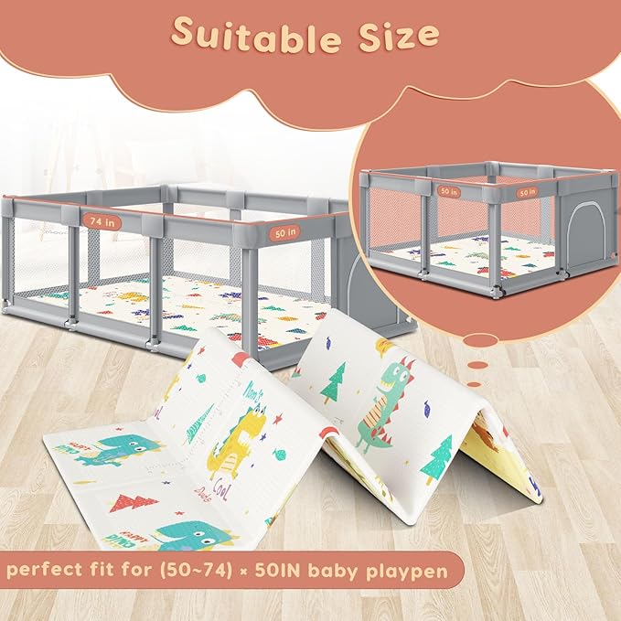 Baby Playpen Mat, 74" × 50“ Baby Play Mat for Floor, Baby Playmat for Playpen, Thick Ultra Soft Playpen Mat for Playing or Crawling, Provides Cushioning, Double-Sided Pattern (0.4" Thick)