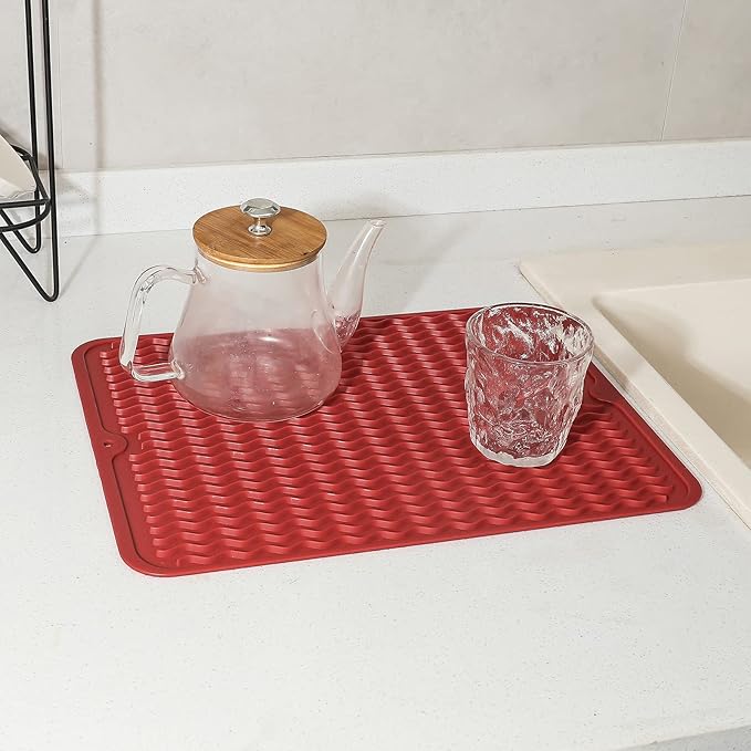 MicoYang Silicone Dish Drying Mat for Multiple Usage,Easy clean,Eco-friendly,Heat-resistant Silicone Mat for Kitchen Counter or Sink,Refrigerator or drawer liner Red L 16 inches x 12 inches