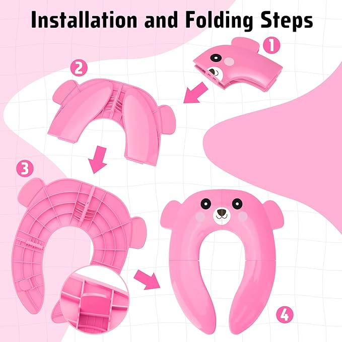 Maliton Travel Potty Training Seat for Toddler, Portable Foldable Potty Seat Cover Fits Round & Oval Toilets, Non-Slip Toilet Seat with Free Travel Bag(Pink Bear)
