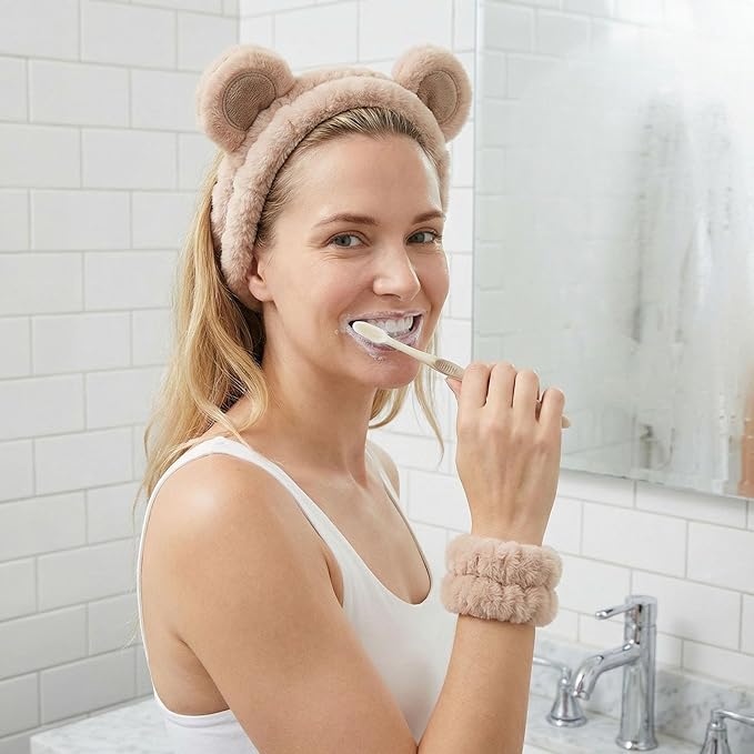 Bear Ears Headband, Cute Spa Headband and Wristband Set Washing Face Skincare Makeup Headbands for Women Girls Trendy Stuff Present Soft Coral Fleece Hair Accessories(Khaki)