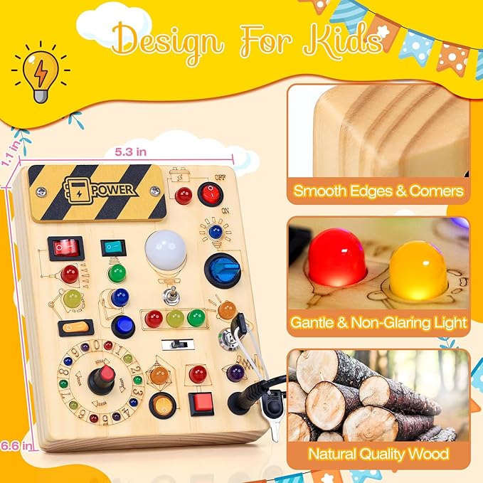 RichBoy Montessori Toy Busy Board for 1-3 Year Old Toddlers, 37-in-1 Sensory Toy with 24 LED Lights, Educational Travel Toy for Airplane Car Rides, First Birthday for Boys Girls (6.7" x 5.3")