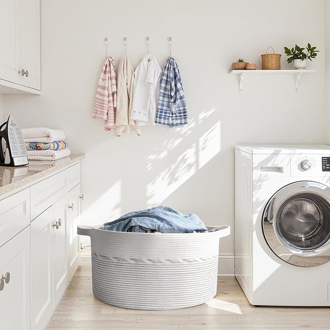 OIAHOMY 90L Blanket Basket for Living Room, Large Basket 23" x 23" x 13" with Handle, Laundry Hamper for Blankets, Pillows, Toy Storage for Kids, Dogs - Light Grey & White
