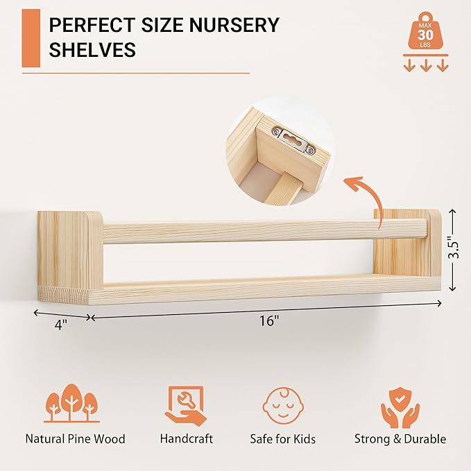 Heimlove Nursery Floating Shelves, Solid Wood Nursery Book Shelves for Wall, 16 inch Bookshelf for Kids, Wall Mounted Shelves for Books,Toys and Decor Storage, Set of 3