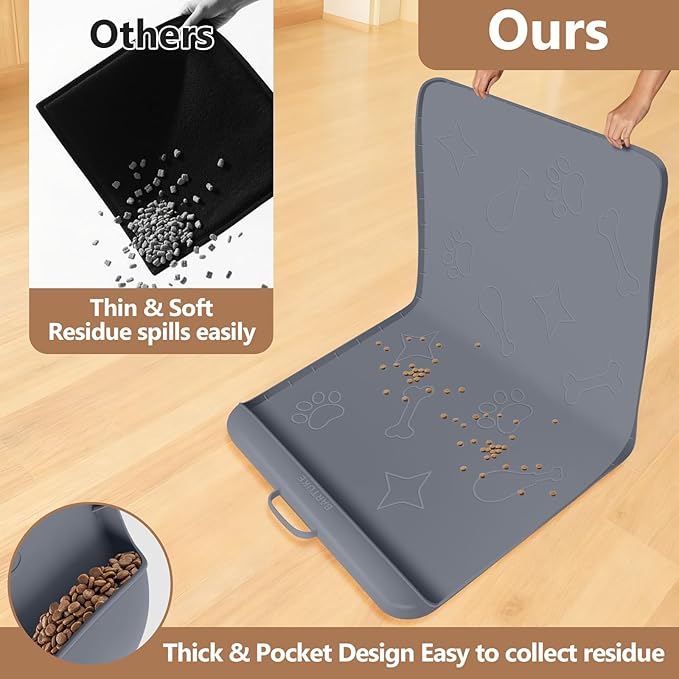 Bartuke Dog Food Mat with Collection Pocket, 42''x28'' Extra Large Silicone Pet Feeding Mat for Food and Water, Waterproof Anti-Slip Dog Mat with Edge and Handle, Pet Placement for Floor (Dark Grey)