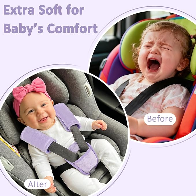 SWESEN Baby Car Seat Strap Covers, 3 Piece Soft Car Seat Strap Shoulder Pads for Baby Girls Boys, Double-Sided Use carseat Straps Covers for Stroller, Car Seats, Pushchair, Purple