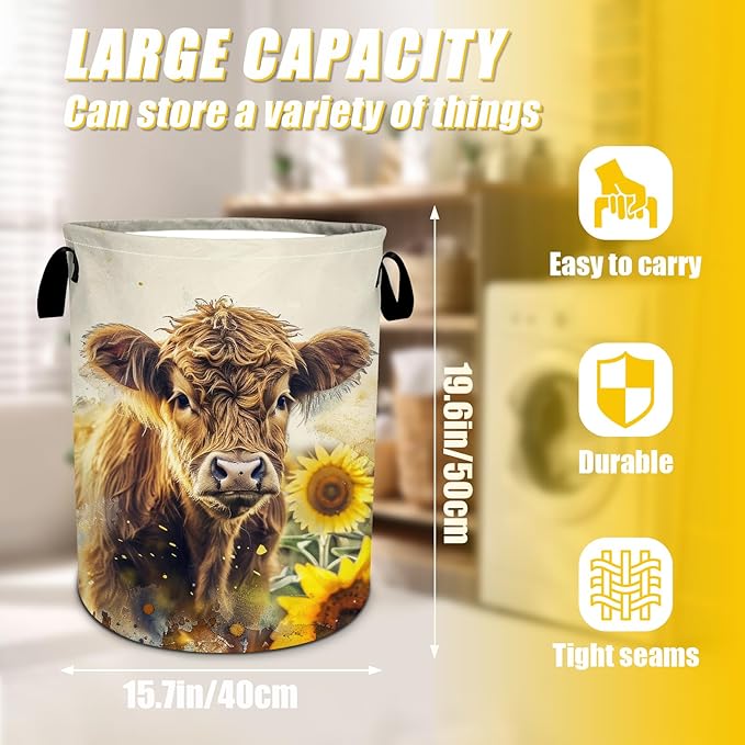 Highland Cow Laundry Basket,Laundry Hamper With Handles Collapsible Laundry Baskets Waterproof Dirty Clothes Hamper Storage Basket Toy Bins For Room Bathroom Bedroom Decor