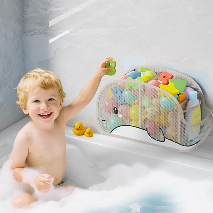 Quick-Drying Baby Bath tub Toy Organizer Storage for Bathroom, Large-Capacity mesh Bath Toy Holder for Bathtub, Convenient for Quick Access, Whale-Shaped Design (Gray)