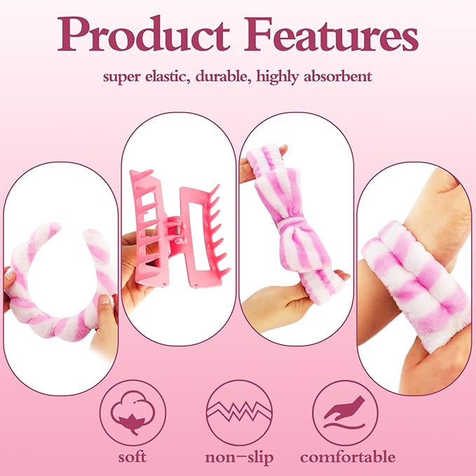 Canitor Spa Headband Wrist Bands with Hair Clips Skincare Makeup Self Skin Care Washing Face Vanity Accessories Things Teens Teenager Tween Clean Girl Gifts Cute Trendy Stuff