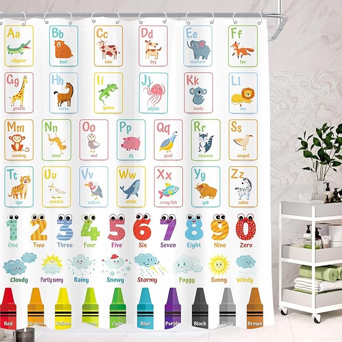 Alphabet ABC Kids Shower Curtain 72Wx72H Colorful Cartoon Children Animal Cute Educational Number Learning Bathroom Curtain Set Nursery Baby Boys Girls Fabric Bathroom Decor with 12 Hooks