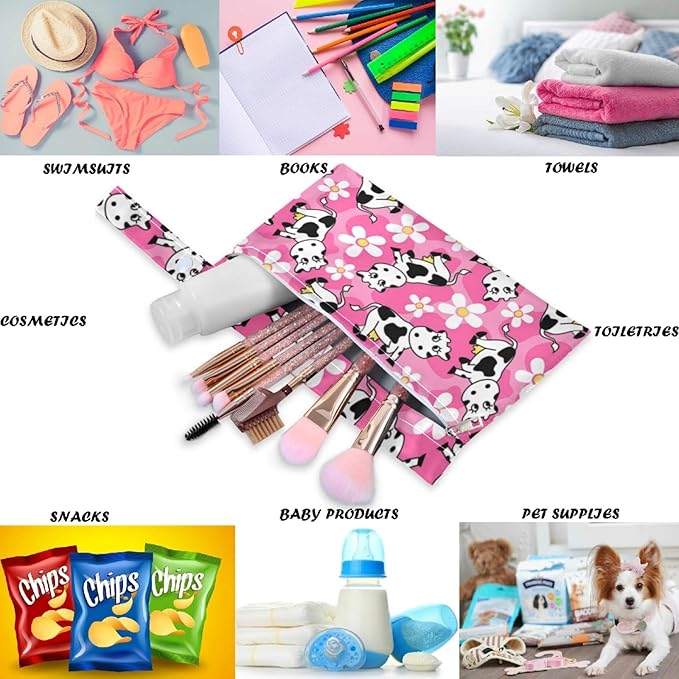 visesunny Cute Cow Flower 2Pcs Wet Bag with 2 Zippered Pockets Snap Handle Washable Reusable Roomy for Travel,Beach,Pool,Daycare,Stroller,Diapers,Dirty Gym Clothes, Wet Swimsuits, Toiletries