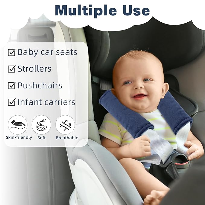 GFU Car Seat Strap Pads for Baby, Soft Shoulder Pads for Comfort, Reversible Seatbelt Covers for Kids, Perfect for Baby Car Seat, Stroller, Swing, High Chair, Size: 6.5 x 6.5 inch, Blue