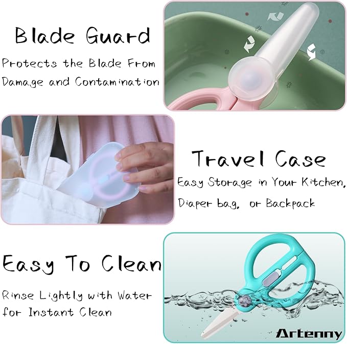 Ceramic Baby Food Scissors Kids with Travel Case, Toddler Scissors with Safety Lock, Ideal for Pizza, Meats, Noodles, Vegetables, and Fruits (C/D)