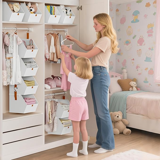 Homsorout Hanging Closet Organizer 4 Tier - Clothes Hanging Shelves, Space-Saving Closet System, Fabric Storage Bins Bedroom Organization, Collapsible Baskets for Home, Dorm, Rv, White