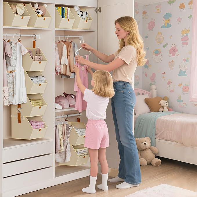 Homsorout Hanging Closet Organizer 4 Tier - Clothes Hanging Shelves, Space-Saving Closet System, Fabric Storage Bins Bedroom Organization, Collapsible Baskets for Home, Dorm, Rv, Beige, 2 Pack