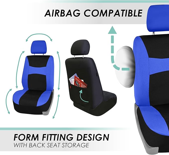 FH Group Full Set Cloth Car Seat Covers , Universal Fit Combo Set with Steering Wheel Cover and Seat Belt Pad for Cars, SUVs and Trucks, Blue