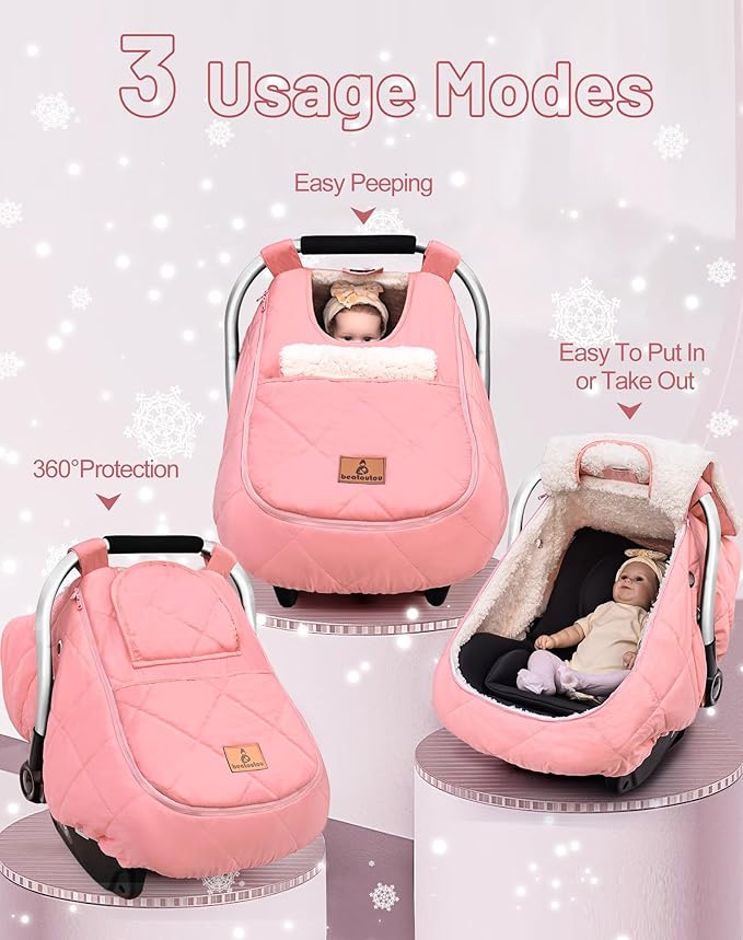 Winter Baby Car Seat Cover, Waterproof Winter Infant Carseat Canopy for Girls, Cold Weather Warm Car Seat Covers for Babies, Keeps Babies Warm and Cozy (Pink)