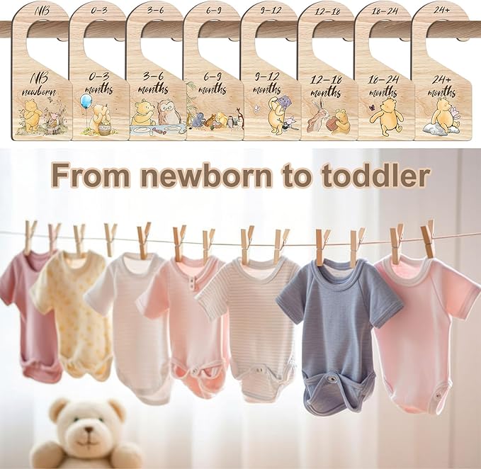 8Pcs Winnie Baby Closet Dividers, Winnie Baby Clothes Dividers for Closet, Newborn Baby Stuff for Baby Boys Girls, Wooden Double-Sided Baby Hanger Organizer from Newborn to Toddler