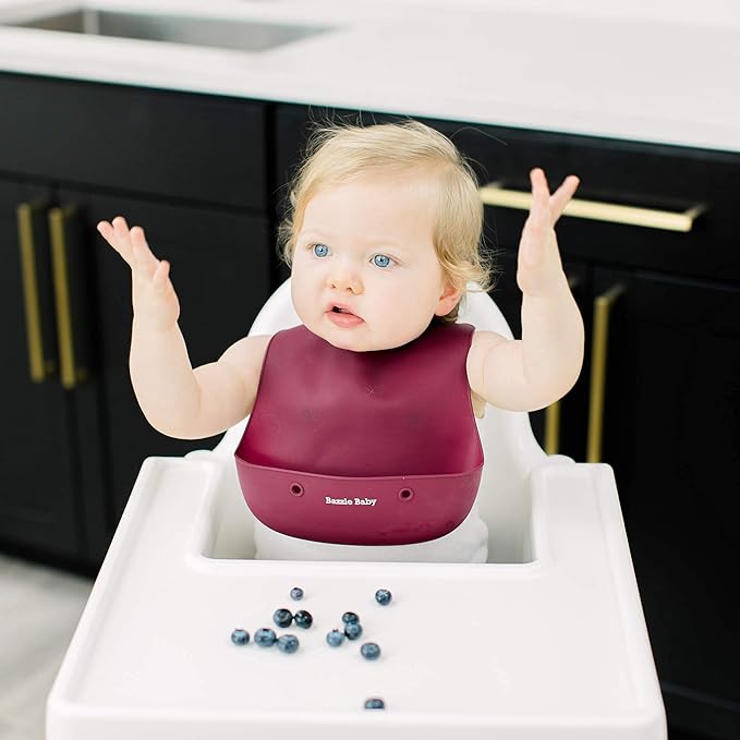 Bazzle Baby Silicone Bibs with Food Catcher - Rolls Up and Button closed for easy travel and storage Waterproof 2-Pk