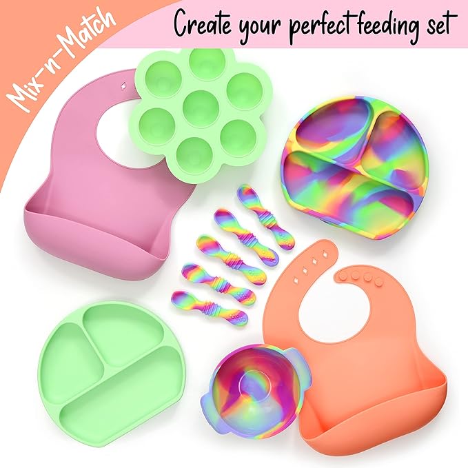 PrimaStella Unbreakable Silicone Non-Slip Baby & Toddler Plate and Spoon Feeding Set - Rainbow Swirl