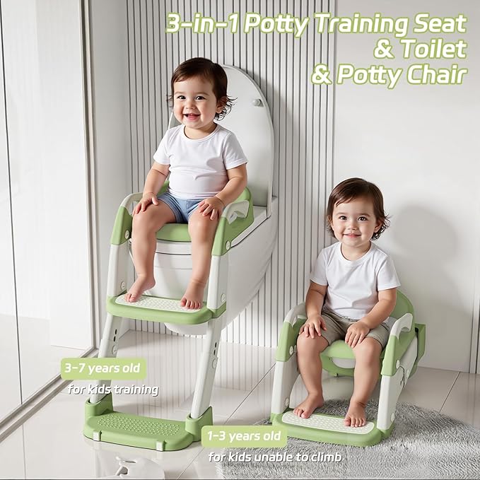 Snugzy Toddler Potty Training Seat 3-in-1 Foldable Potty Training Toilet with Step Stool Adjustable Potty Chair with Urinals (Green)