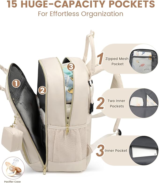Pritent Diaper Bag Backpack,Baby Essentials Diapers Bag with Pacifier Case,Multipurpose Stylish Large Capacity Travel Backpack for Baby Girl/Boy(L-Beige)
