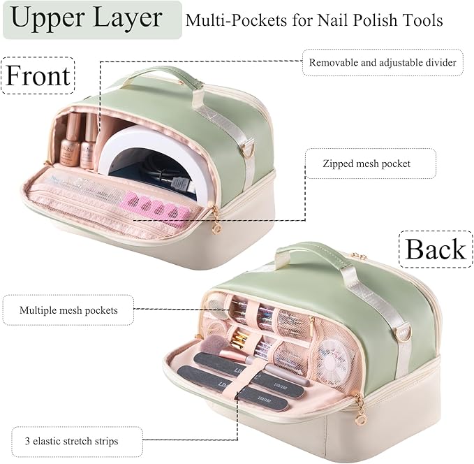 Nail Polish Organizer Holds 35 Bottles & Nail Lamp, Nail Organizers and Storage, Double Layer Nail Bag with Handle & Shoulder Strap for Travel, Nail Supplies Organizer for Manicure Kit (Green+Beige)