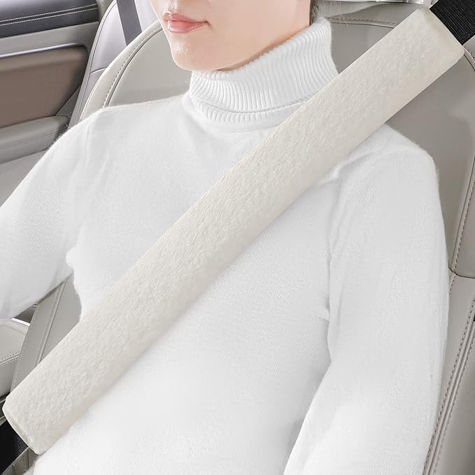 LACDL Extra Long Seatbelt Covers Super Soft Furry for Adults Kids Women & Men, Thick Plush Full Car Seat Belt Cushion, Fluffy Shoulder Pad Protector, Auto Interior Accessories, 1pc, Off White, 25.5in