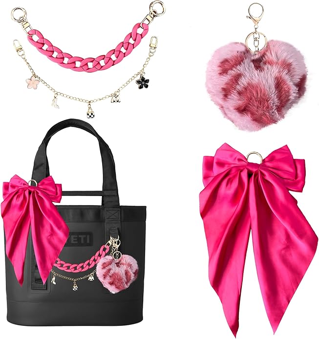 CuddleJunk Bag Charms for Tote Bags, Satin Bow Keychain Kit Accessories for Yeti Camino, Fluffy Ball Gold Chains Charms for Women Purse Beach Handbag