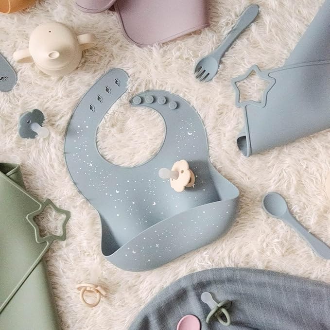 Moonkie Silicone Baby Bibs Set of 3, BPA Free Waterproof Baby Bibs for Eating, Soft Adjustable Silicone Bibs for Babies 6-12 Months, Toddler Bibs with Large Pocket Food Catcher (Ether/Sage/Cream)