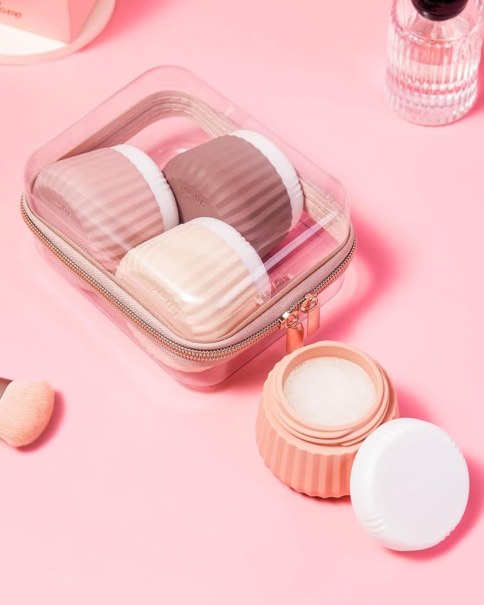 Travel Containers for Toiletries 4 Pack, Clear Hard Zipper Case, TSA Approved Travel Size Toiletries, With Clear Bag Leak Proof Silicone Jars, Creams Jars Carrying Small Items
