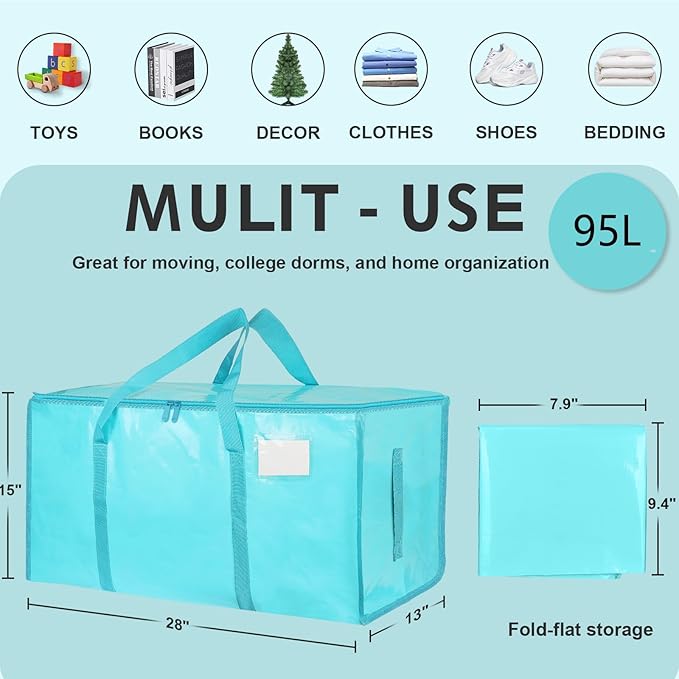 6 Pack-Extra Large Heavy Duty Moving Bags - Waterproof Storage Totes with Handles & Zippers, Foldable for College Dorm, Storage (lake blue)
