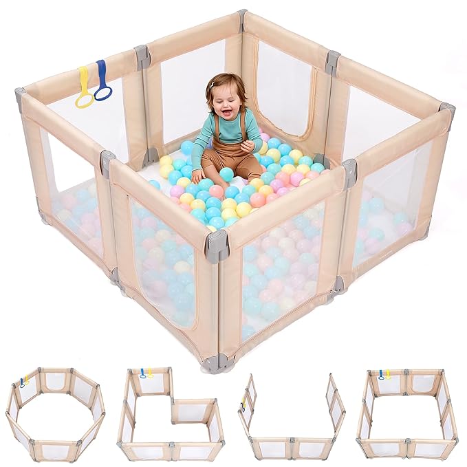 Dripex Small Foldable Baby Playpen, 49"x47" Small Space Play Yard for Travel - Portable Collapsible Play Pen for Babies, Indoor Outdoor Baby Fence, Beige