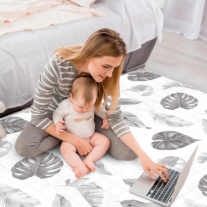 Funtery 43 x 43 Inch Boho Baby Play Mat Portable Crawling Washable Foldable Tummy Time Non Slip Baby Floor Large Playpen Mat for Infants Toddlers Floor Playpen Activity(Leaf Theme)