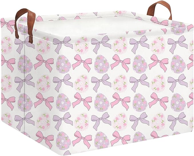 HKEC Rectangle Easter Basket Empty,Easter Gift Bakset for Kids,Easter Basket for Egg Hunting,Toys Bin with Handles,Room Decor(Bowknot Easter Basket)