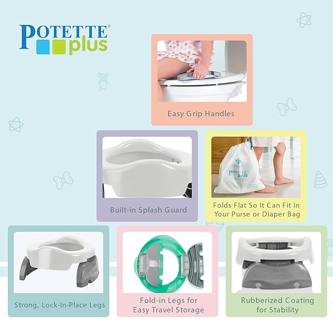 Kalencom Potette Plus 2-in-1 Travel Potty and Trainer Seat - Dual-Purpose Potty Training Toilet Seat - Portable Potty for Toddler Travel - with Durable, Lock-in Legs and Splash Guard - White/Gray