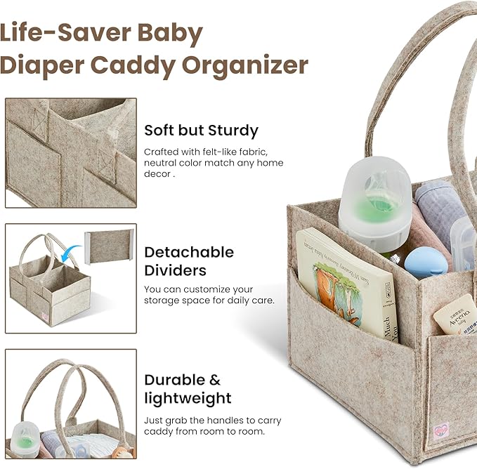 Upgraded Baby Diaper Caddy Organizer, Portable Nursery Storage Bin with Handle, Side Pockets Car Organizer for Diapers and Baby Wipes Essentials, Registry Gift Baskets (1Pcs-Large-Oatmeal)