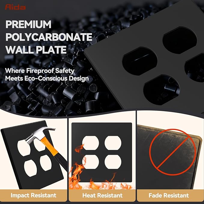 AIDA 2-Gang Screwless Wall Plates - Mid-Size Thermoplastic Cover for Duplex & Combo Receptacles and Toggle Switches - Unbreakable & UL Listed - 10 Pack,Matte Black