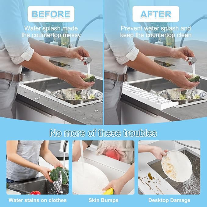 Silicone Sink Edge Protectors 4" x 24", Upgrade Kitchen Sink Splash Guards With Suction Cup, Splash Guard For Bathtub Sink, Countertop Protectors For Quartz Kitchen Sink（Transparent White）