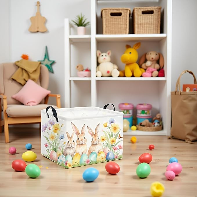 TIBAOLOVER Rectangular Easter Basket Easter Gift Basket for Kids Baby Storage Basket Cute Toy Storage Bin Organizer Shelf Book Basket Easter Room Decor(Easter Bunny)