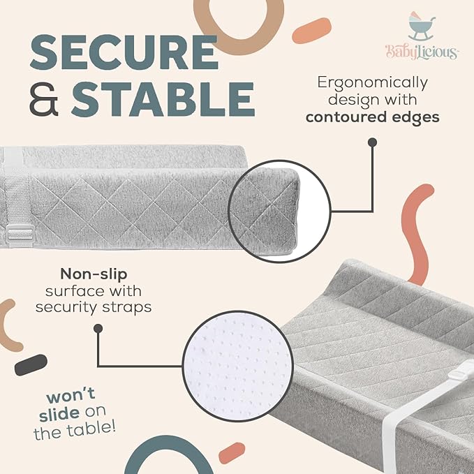 Contoured Baby Changing Pad – Waterproof & Breathable Diaper Changing Pad | Removable Washable Cover, Non-Slip Base & Safety Strap | Standard Size for Dresser & Changing Table Pads