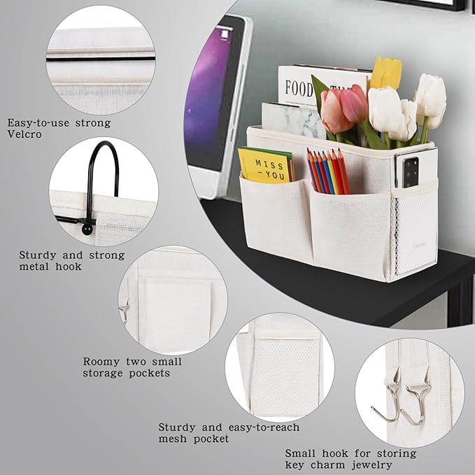 Retyion Bedside Caddy White Bedside Hanging Storage Basket Bed Caddy for Headboards Bunk Dorm Rooms Crib Beds Rails Organizer (White)