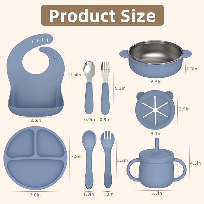 27 Pack Silicone Baby Feeding Set, Food Grade Silicone Baby LED Weaning Supplies, Include Suction Plates, Baby Bowls, Bibs, Fork & Spoon, Training cup with straw, 6 Months+(Brown, Blue, Green)