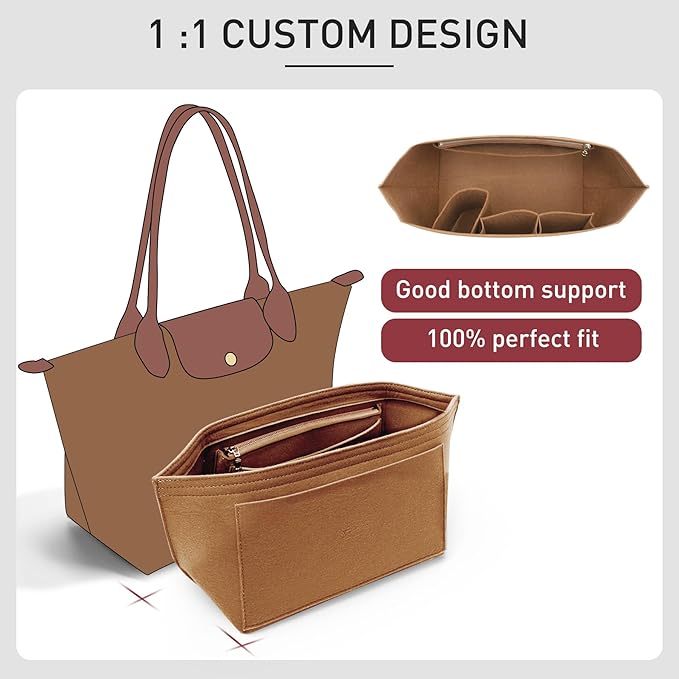 Felt Purse Organizer Insert Compatible with Longchamp Le Plaige M Tote Bag(Long Handle), Zipper Long Champ Medium Organizer with Cup Holder for Tote Handbags, 8 Compartments (Gold Brown,M)